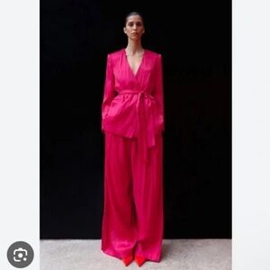 Zara metallic sheen crinkle effect lightweight wide-leg pink pants trousers sz.S